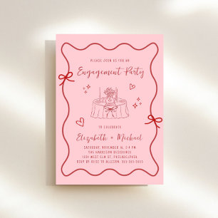 Whimsical Pink Red Wavy Frame Engagement Party Invitation