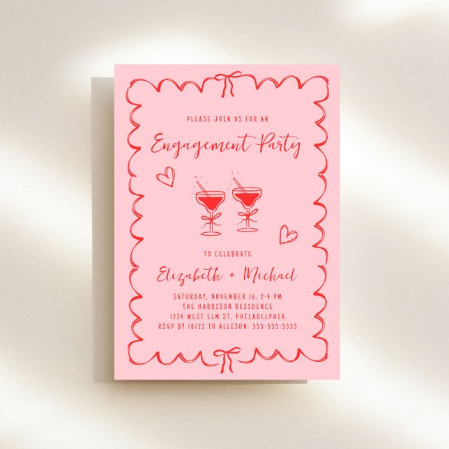 Whimsical Pink Red Wavy Frame Engagement Party Invitation (Whimsical pink + red engagement party invitation to set the tone for an unforgettable event)