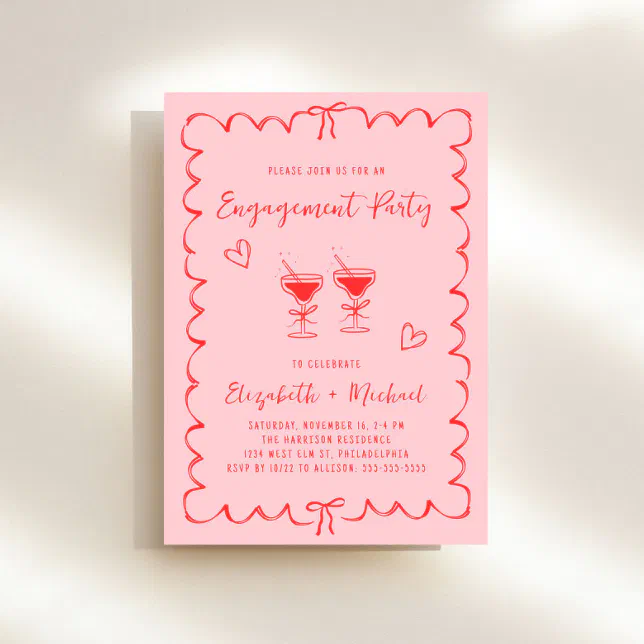 Whimsical Pink Red Wavy Frame Engagement Party Invitation | Zazzle