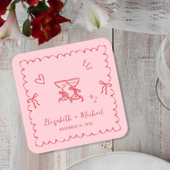 Whimsical Pink Red Wavy Frame Wedding Square Paper Coaster (Creator Uploaded)