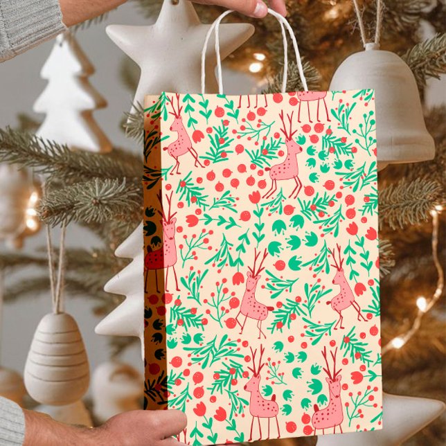 Whimsical Pink Reindeer and Winter Foliage Pattern Medium Gift Bag (Creator Uploaded)