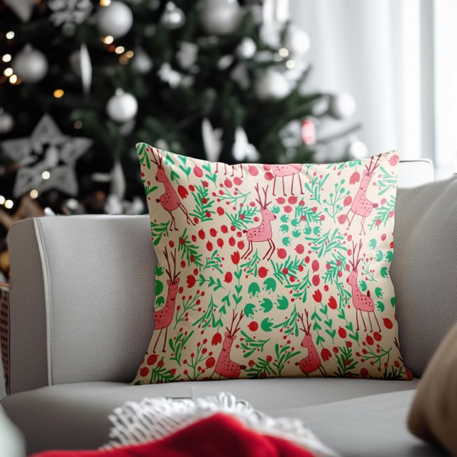 Whimsical Pink Reindeer and Winter Foliage Pattern Throw Pillow (Creator Uploaded)