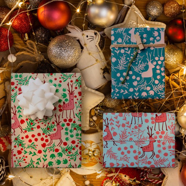 Whimsical Pink Reindeer and Winter Foliage Pattern Wrapping Paper Sheets (Creator Uploaded)