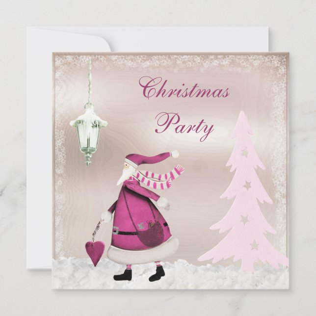 Whimsical Pink Retro Santa Christmas Party Invites (Front)