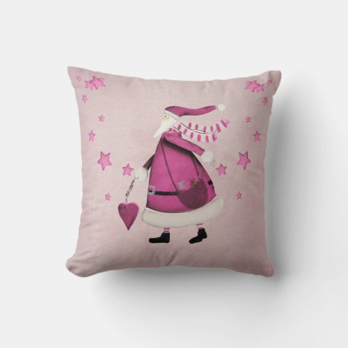 Whimsical Pink Retro Vintage Santa Claus Throw Pillow