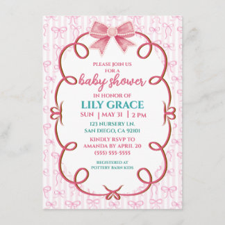 Whimsical Pink Ribbon & Pearl Baby Shower Enclosure Card