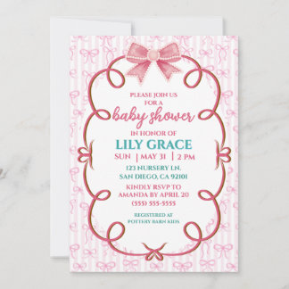 Whimsical Pink Ribbon & Pearl Baby Shower Invitation