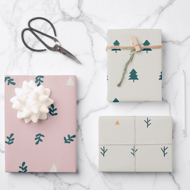 Whimsical Pink Scandinavian Christmas Botanical Wrapping Paper Sheets (Front)