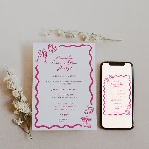 Whimsical Pink Sketched Happily Ever After Party Invitation