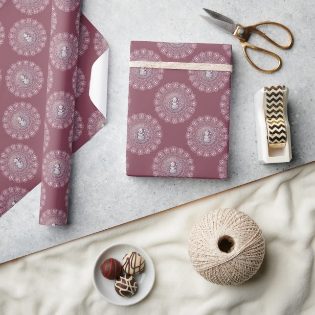 Whimsical Pink Snowman Classic Polka Dot Mandala Wrapping Paper (Crafts)