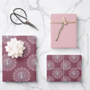 Whimsical Pink Snowman Classic Polka Dot Mandala Wrapping Paper Sheets