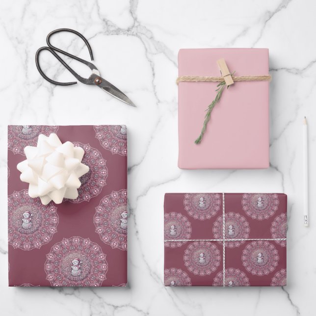 Whimsical Pink Snowman Classic Polka Dot Mandala Wrapping Paper Sheets (Front)