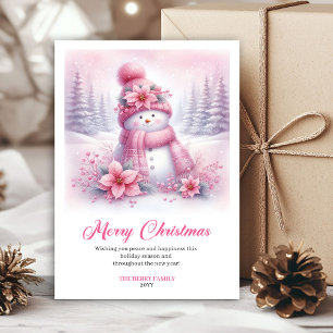 Whimsical Pink Snowman Kids Editable Christmas  Holiday Card