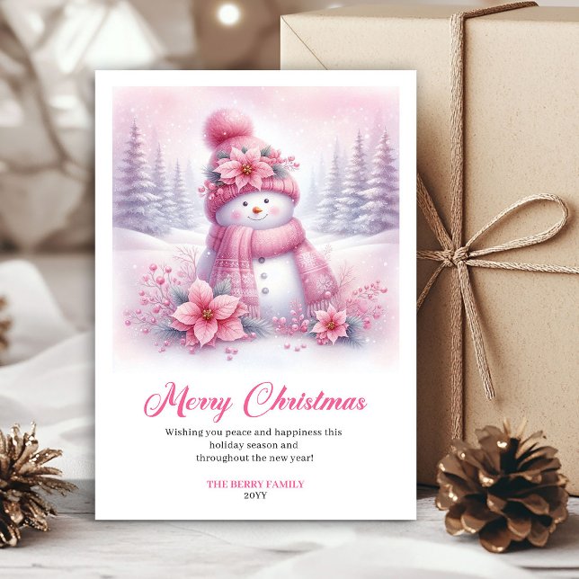 Whimsical Pink Snowman Kids Editable Christmas  Holiday Card (Whimsical Pink Snowman Kids Editable Christmas Greeting Card)