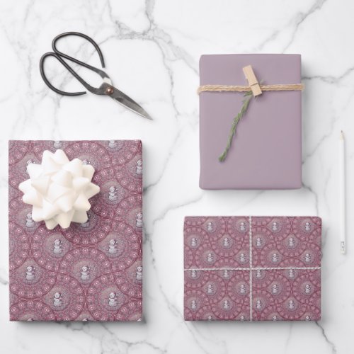 Whimsical Pink Snowman Mandala Art Deco Ogee Fans Wrapping Paper Sheets