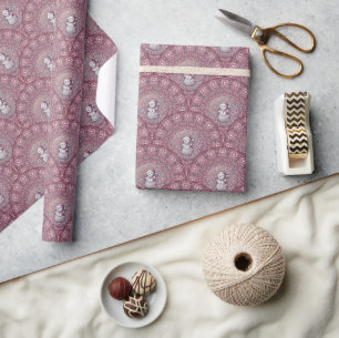 Whimsical Pink Snowman Mandala Art Deco Scallop Wrapping Paper