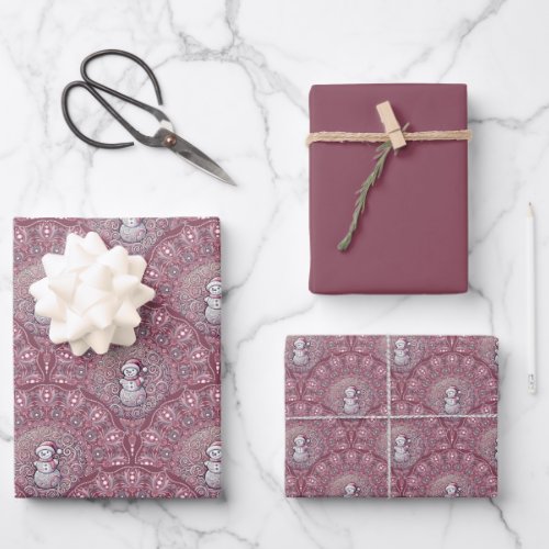 Whimsical Pink Snowman Mandala Art Deco Scallop Wrapping Paper Sheets