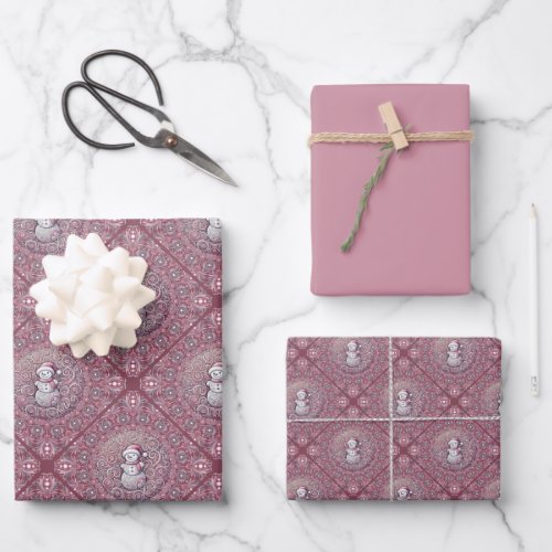 Whimsical Pink Snowman Mandala Geo Diamond Tile Wrapping Paper Sheets