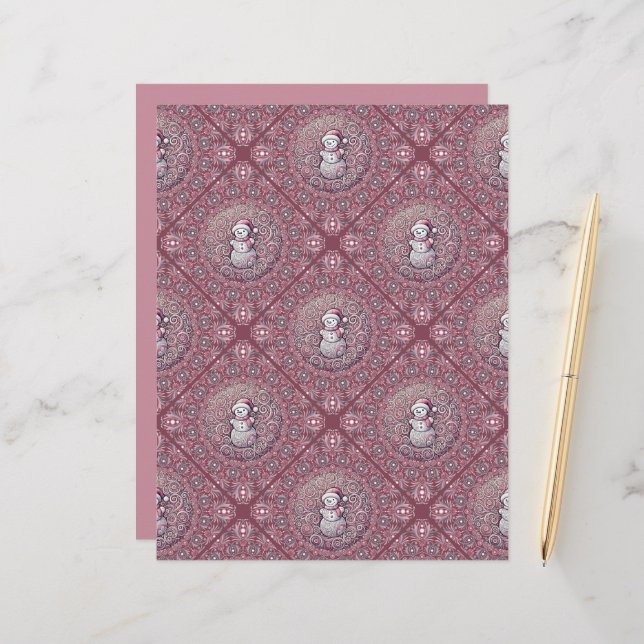 Whimsical Pink Snowman Mandala Geo Tile Scrapbook (Front/Back In Situ)