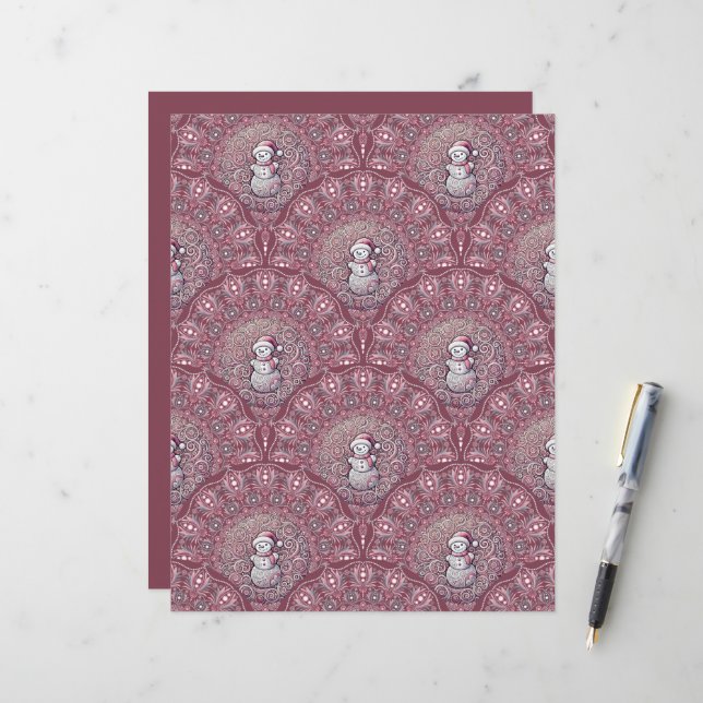 Whimsical Pink Snowman Mandala Scallop Scrapbook (Front/Back In Situ)