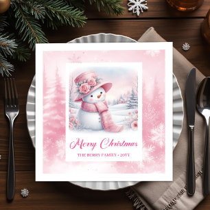 Whimsical Pink Snowman Napkins Winter Christmas