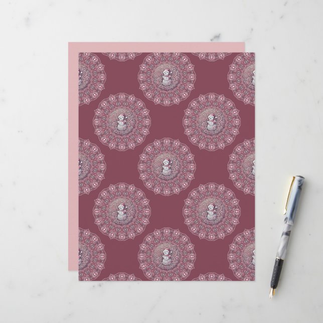 Whimsical Pink Snowman Polka Dot Mandala Scrapbook (Front/Back In Situ)