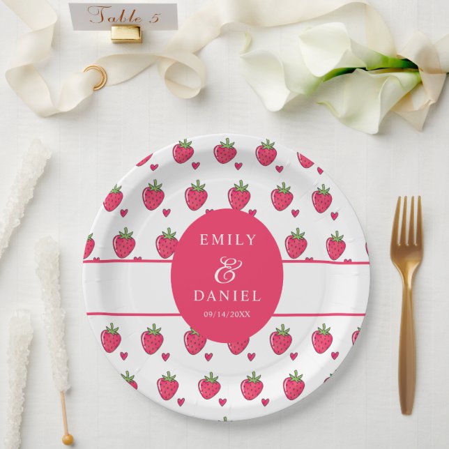 Whimsical Pink Strawberry Wedding Paper Plates (Wedding)