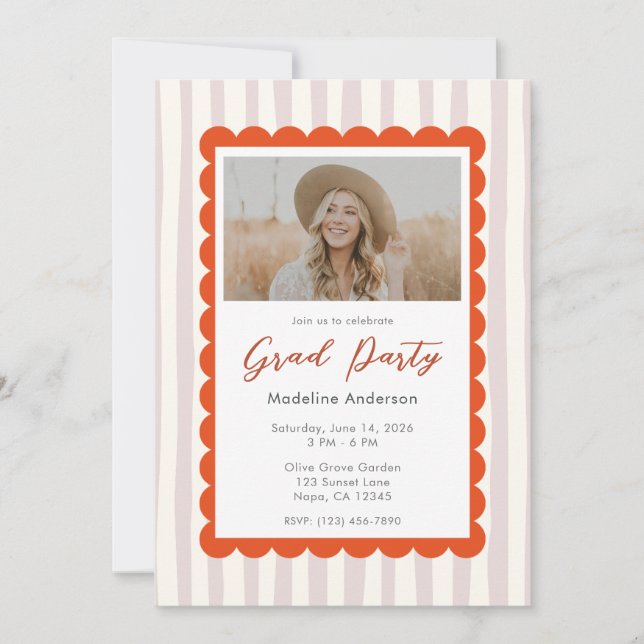 Whimsical Pink Stripes Graduation Party Photo Invitation (Front)