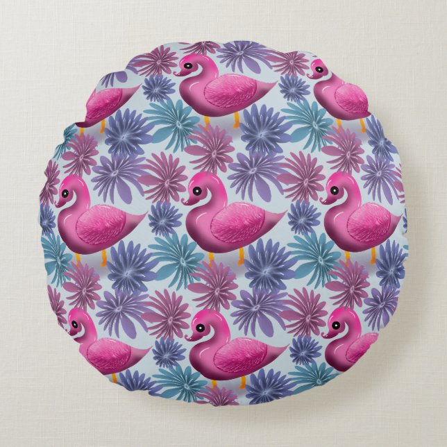 Whimsical Pink Swan: Pastel Floral Dream Pattern Round Pillow (Front)
