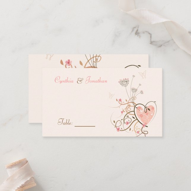 Whimsical Pink Sweet Heart Butterfly Swirl Wedding Place Card (Front/Back In Situ)