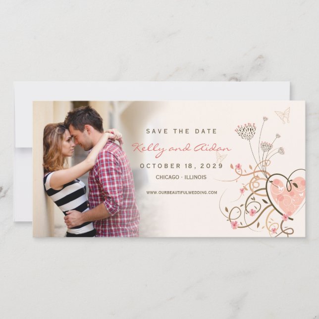 Whimsical Pink Sweet Heart Butterfly Swirls Photo Save The Date (Front)