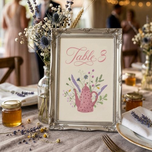 Whimsical Pink Teapot Bridal TeaParty Table Number