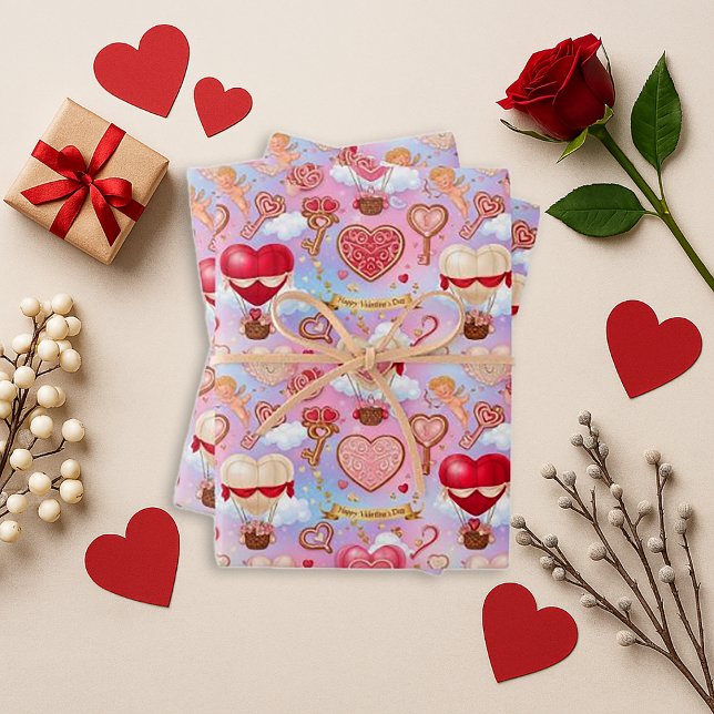 Whimsical Pink Valentine Heart Balloon Pattern Wrapping Paper Sheets (Creator Uploaded)