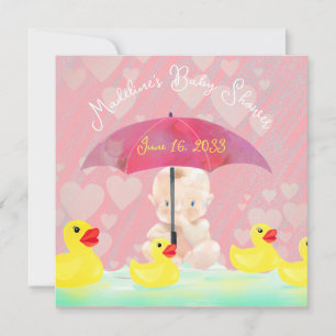 Whimsical Pink Vintage Ducky Umbrella Baby Shower Invitation