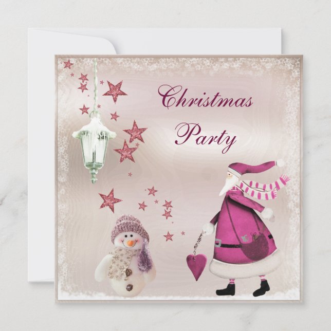 Whimsical Pink Vintage Retro Santa Party Invites (Front)