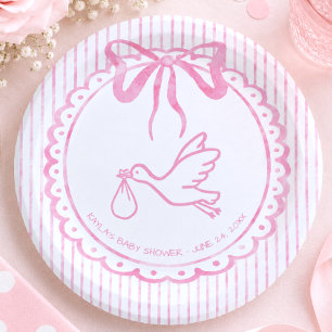 Whimsical Pink Watercolor Bow Stripe Baby Shower Paper Plates