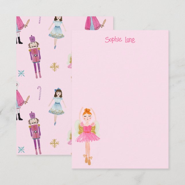 Whimsical Pink Watercolor Nutcracker Ballerina Thank You Card (Front/Back)
