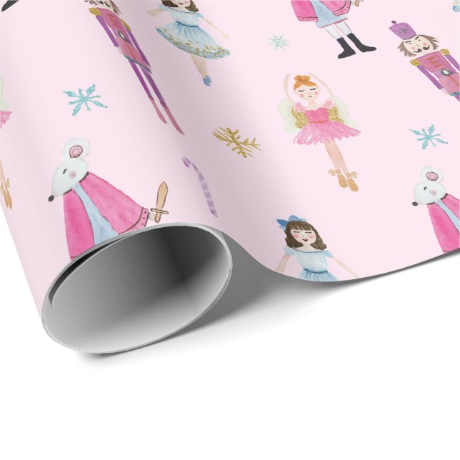Whimsical Pink Watercolor Nutcracker Ballet Wrapping Paper (Roll Corner)