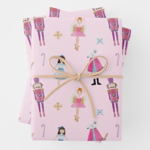 Whimsical Pink Watercolor Nutcracker Ballet Wrapping Paper Sheets