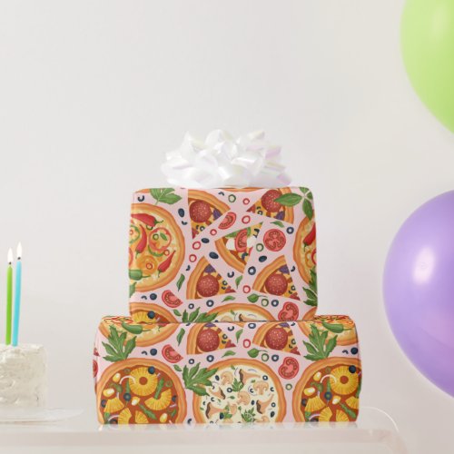 Whimsical Pink Watercolor Pizza Party Birthday Wrapping Paper