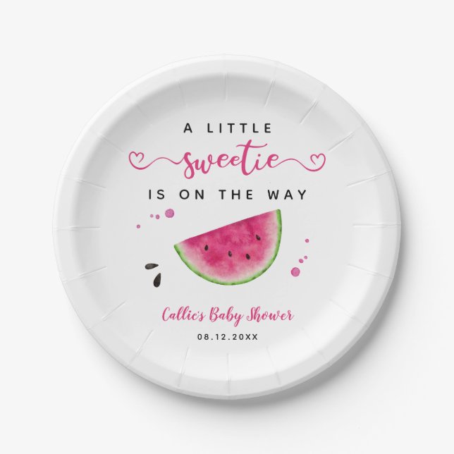 Whimsical Pink Watermelon Girl Baby Shower Paper Plates (Front)