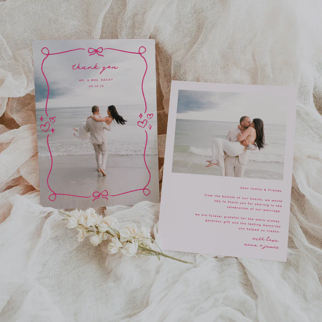 Whimsical Pink Wedding Photo Thank You Card
