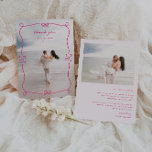 Whimsical Pink Wedding Photo Thank You Card<br><div class="desc">Whimsical Pink Illustrated Frame,  2 photo wedding thank you card. Features,  hand drawn frame with bows and heart elements,  template text lines for your names and personalized message on light pink color background. Fonts and illustrated frame color can be customized.</div>