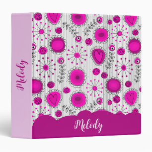 Whimsical pink white hearts flowers floral name 3 ring binder