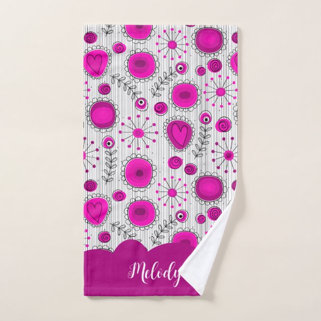 Whimsical pink white hearts flowers floral name hand towel  (Hand Towel)