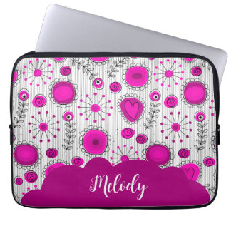 Whimsical pink white hearts flowers floral name laptop sleeve