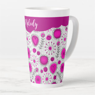Whimsical pink white hearts flowers floral name latte mug