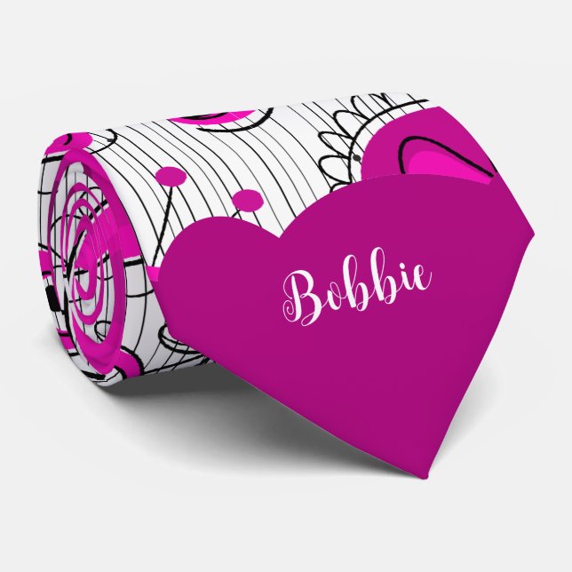 Whimsical pink white hearts flowers floral name neck tie (Rolled)
