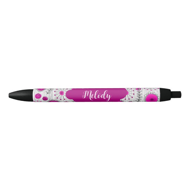 Whimsical pink white hearts flowers floral name pen (Front)