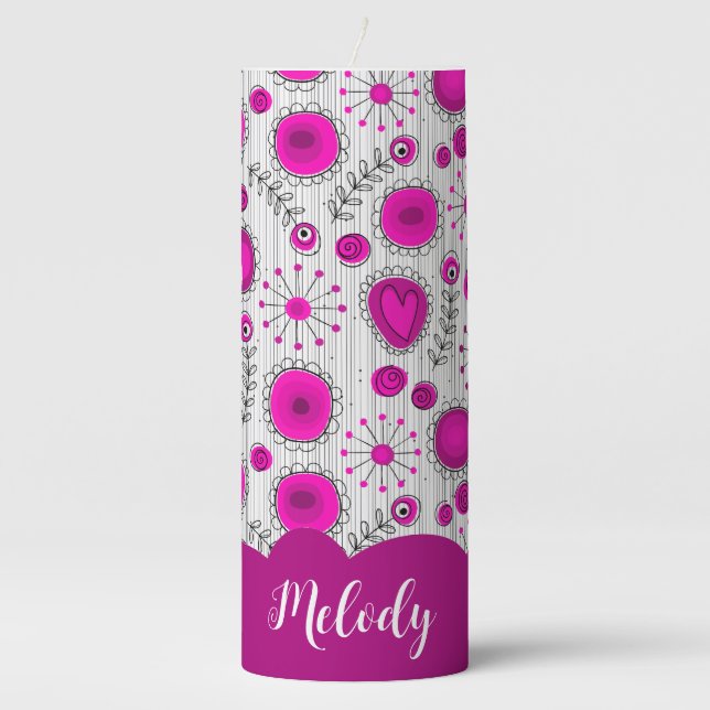 Whimsical pink white hearts flowers floral name pillar candle (Front)